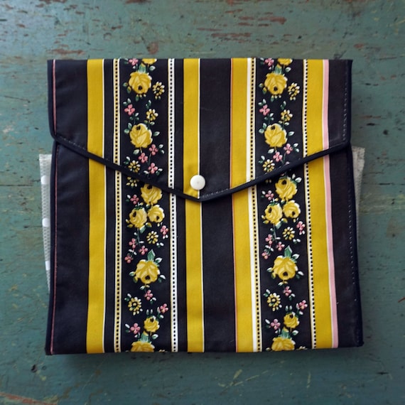 Vintage Organizer Oilcloth Bag Black Stripes Yellow Roses Fold-Over Snap Top Accordion Pocket White Polka Dot Pink Interior Western Germany