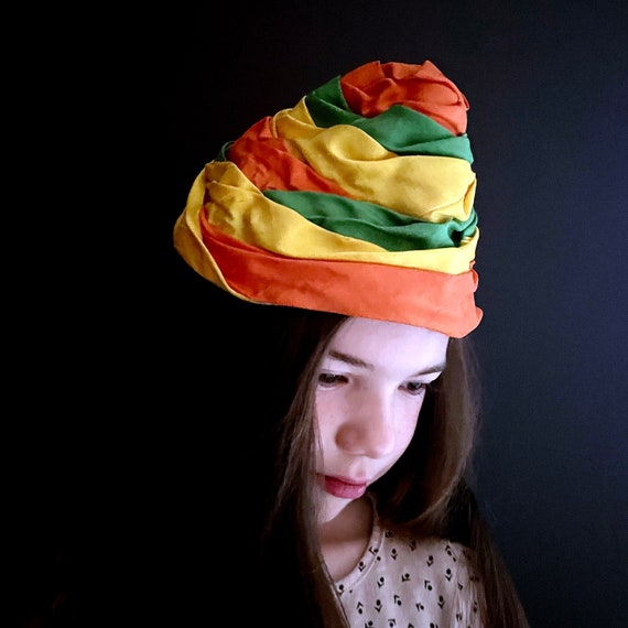 Vintage Orange Hat Yellow Green Stripe Women's Cloche Draped Fabric Brightly Colored 50s Coolie Miss Sally Victor Hat Quirky Headpiece