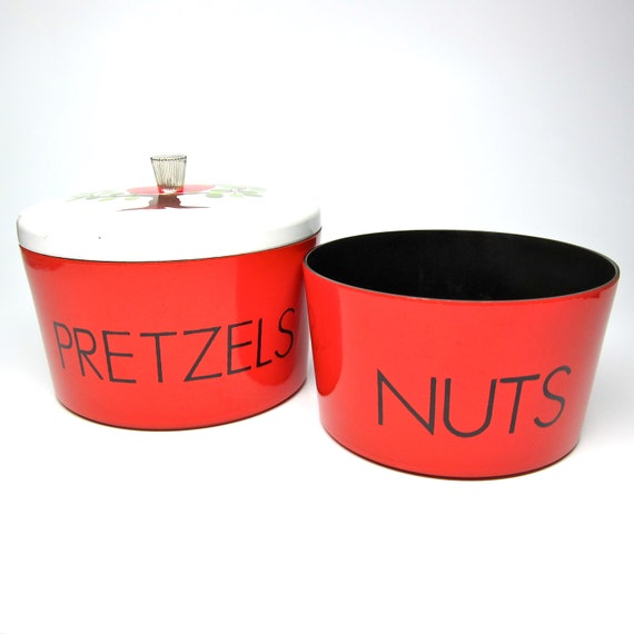 Vintage Snack Bowls Nesting 1960s Pretzels Nuts Red Apple Graphic Canisters Red White Retro Kitchen