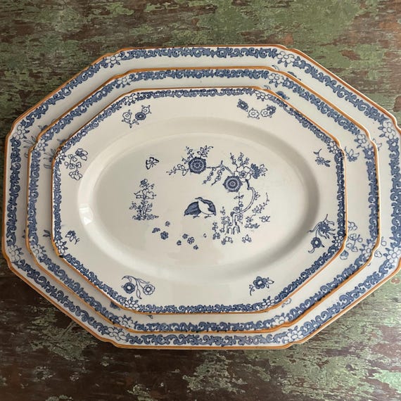 Antique Platters Old Bow Kakiyemon Oval Plates Transferware Blue and White Woods Ware Graduated Sizes Platter Set of 3 Wood & Sons England