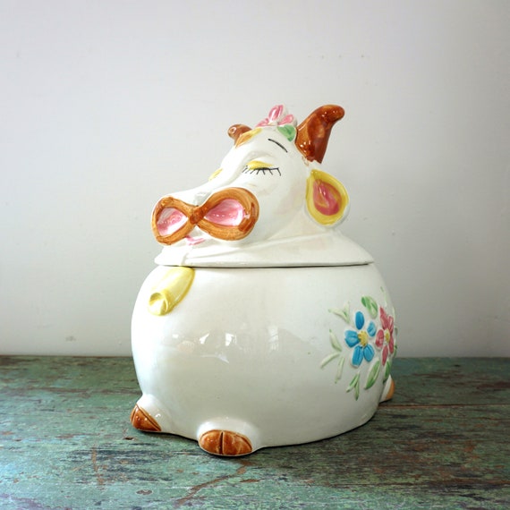 Vintage Cow Tureen Ceramic Hand Painted Silly Bull with Horns Pink Blue Flowers Yellow Cow Bell Large Soup Crock Pottery Japan Rare Kitsch