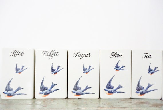 Vintage Hull Bluebird Canister Set and Spice Jars Ironstone 20s Rare Cereal Set 12 Container Set White Ceramic Blue Swallow AE Hull Pottery