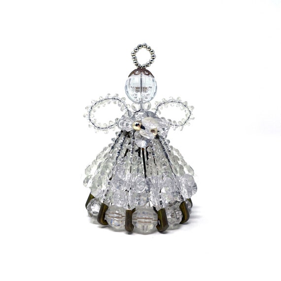Vintage Angel Safety Pin Ornament Clear Beads Plastic Small Angel Handmade Tree Trim Crafted with Safety Pins
