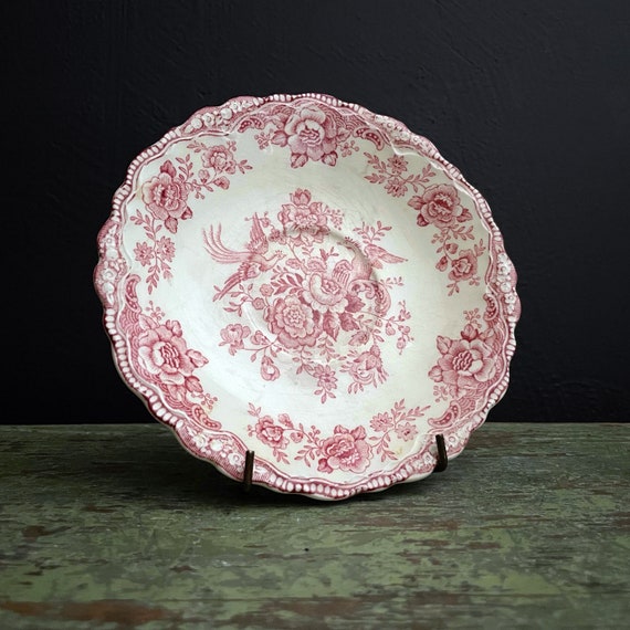 Vintage Saucer Bristol Pink Pattern by Crown Ducal Pink and Cream 6" Small Plate Transferware Bird Pattern Scalloped Edge Tiny Dish England