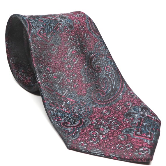 Vintage Paisley Tie Black Red 80s Jacquard Print Necktie