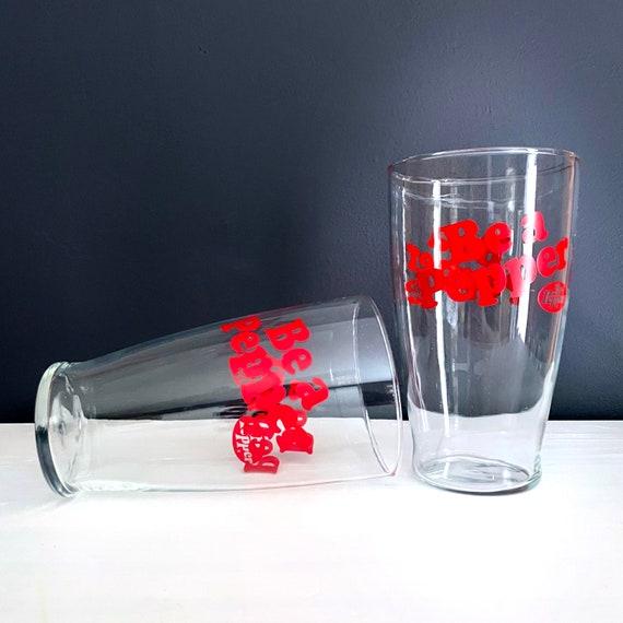 Vintage Dr. Pepper Glasses Be A Pepper Large Tumblers Clear Glass Red Lettering 1980s Soda Collectible Pop Doctor Pepper Huge Drinking Glass