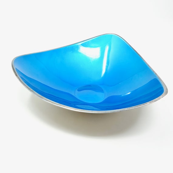 Vintage Blue Electroplated Bowl Silverplate Exterior Reed and Barton 60s Atomic Triangular Shaped Small Dish For Display Catchall Tri Corner
