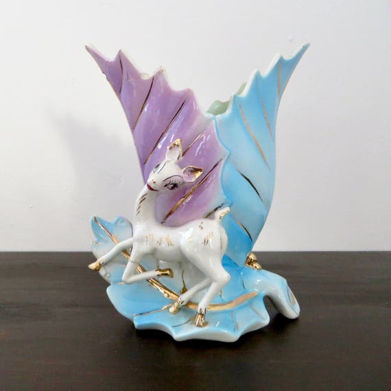 Vintage Deer Vase 1950s Porcelain Lavender Aqua Leaf Shape Vase with Gold and White Dear REPAIRED DAMAGED But Usable