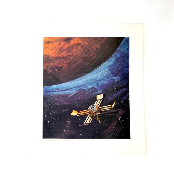 Vintage Oleg Stavrowsky Print Mariner 1965 3M Co. Exploration of Mars Blue Orange Abstract Painterly Background 1960s Space Age Art Sci Fi