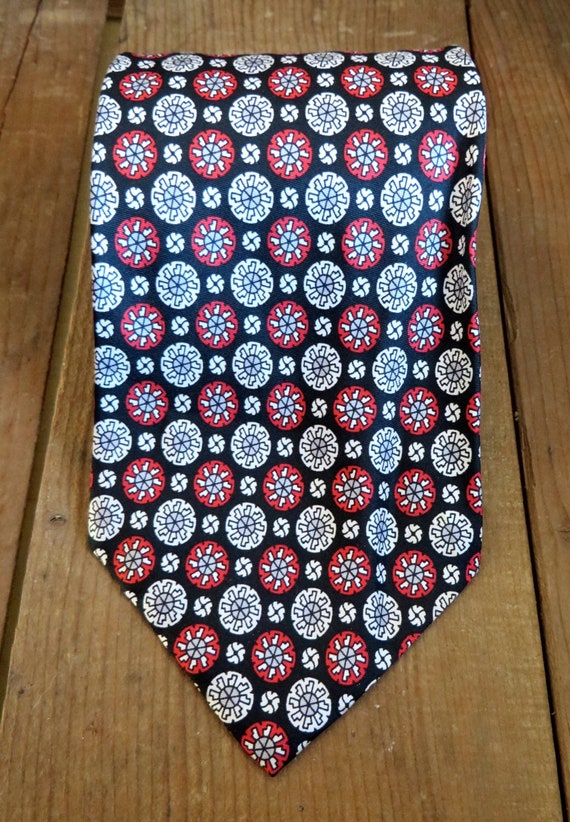 Vintage Tie Navy Blue Red Medallion Print Wide Necktie