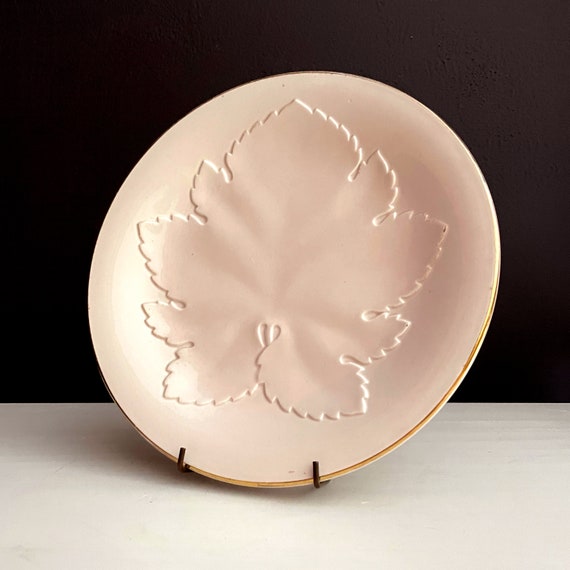 Antique Waechtersbach Plate Pale Pink Leaf Embossed Dish Early 1900s German Porcelain Glazed Blush Gold Gilt Rim Relief Grape Leaf Plate