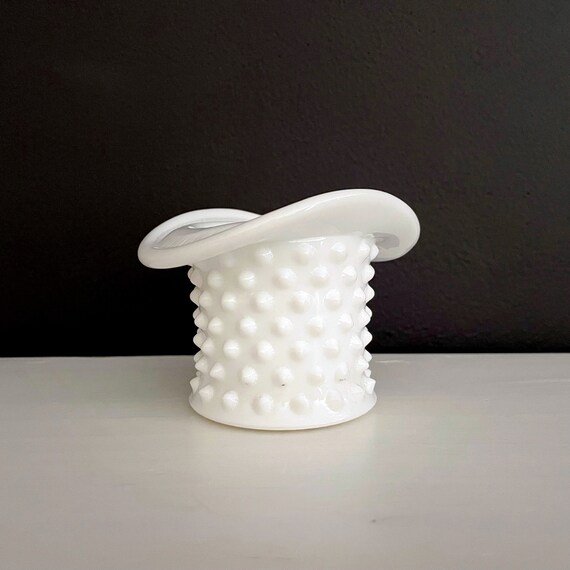 Vintage Top Hat White Hobnail Milk Glass by Fenton Toothpick or Match Holder Small Cup or Planter Opaque White Glass Starburst Cut Glass Top