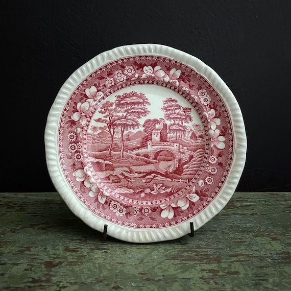 Vintage Spode Dish 1940s Copeland Spode's Tower Pink and White Bread and Butter Plate 6 Inch Plate Older Backstamp