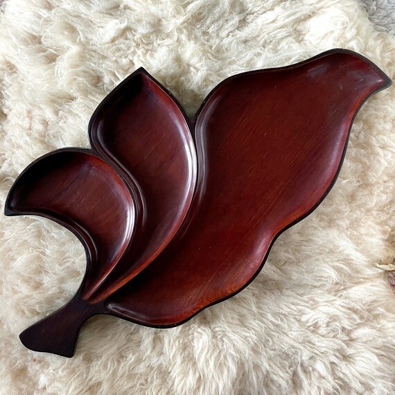 Vintage Wood Tray Mahogany Leaf Shaped Serving Tray Large Dark Wood ISCO Hand Carved In Haiti Mid Century