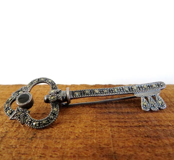 Vintage Key Brooch Marcasite Onyx FAS 1980s Sterling Pin