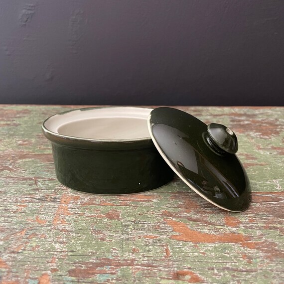 Antique Miniature Tureen Dark Green Porcelain Covered Dutch Oven Rare Made by Pillivuyt Mehun France C.P. & Co