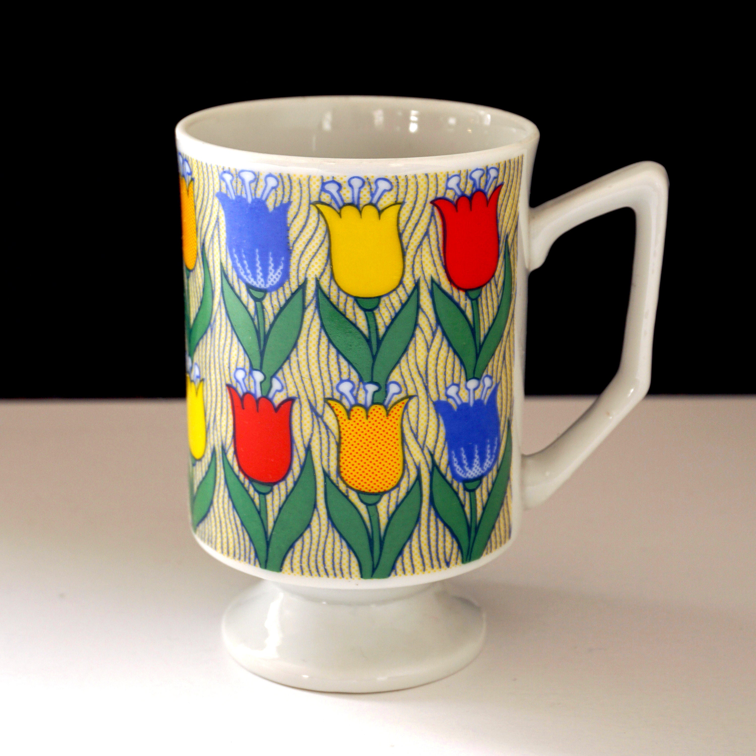 Vintage Tulips Mug Pedestal Shape White Porcelain Mug Footed Printed