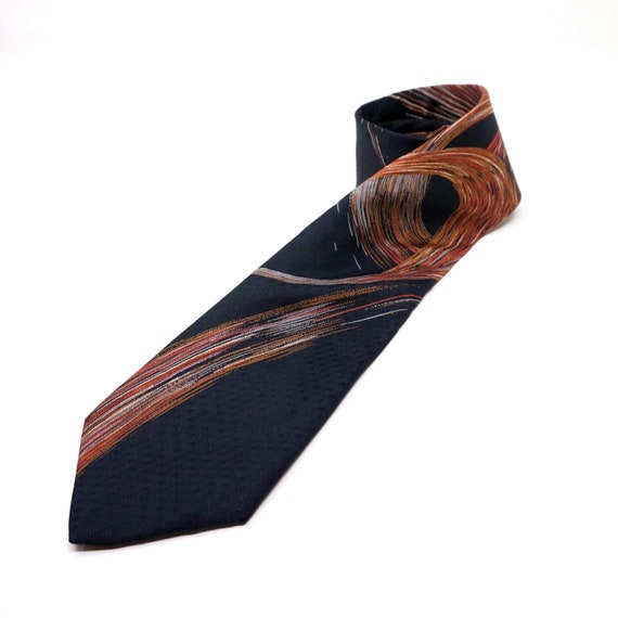 Vintage Abstract Tie Orange Brush Stroke Swirls Brown Silk Necktie X'Andrini for Field Brothers 60s Unworn New Old Stock Original Store Tag