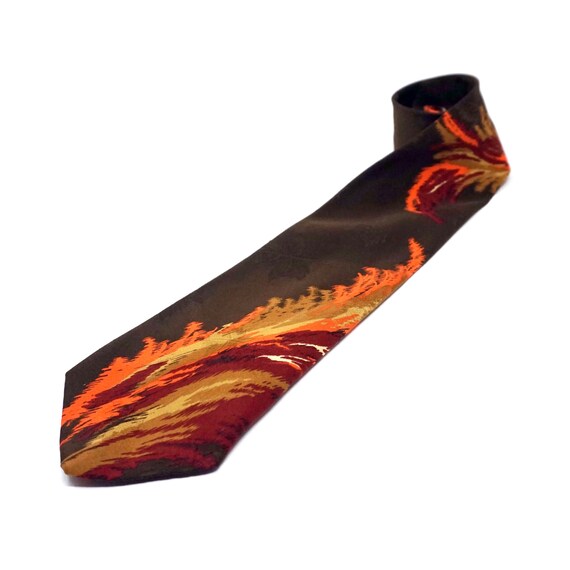 Vintage 40s Necktie Brown Autumn Colors Orange and Burgundy Red Abstract Brushstrokes Tie Maple Leaf Brocade Wide Tie Fall Retro Menswear
