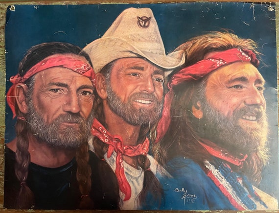Vintage Poster Willie Nelson Illustration Sally Evans 1981 3 Portraits of Willie Outlaw Country Legend Rare Copy Has Flaws