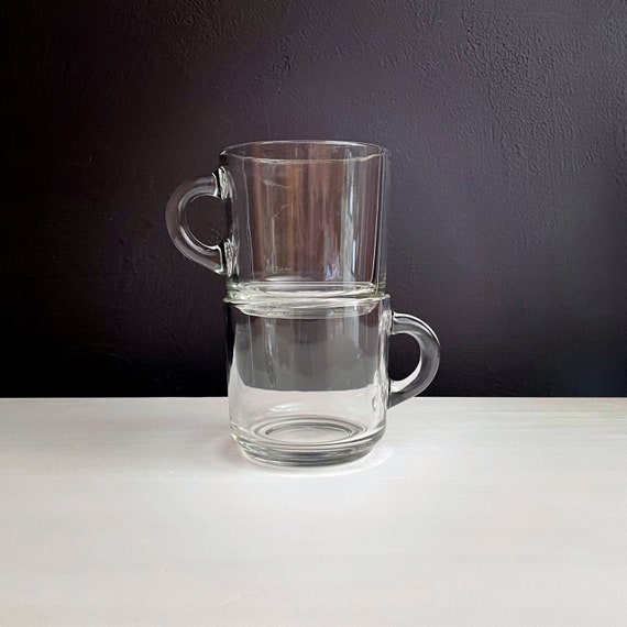 Vintage Clear Mugs Anchor Hocking Glass Mugs Stackable Coffee Cups Set of Two Handled Clear Cups Heat Proof