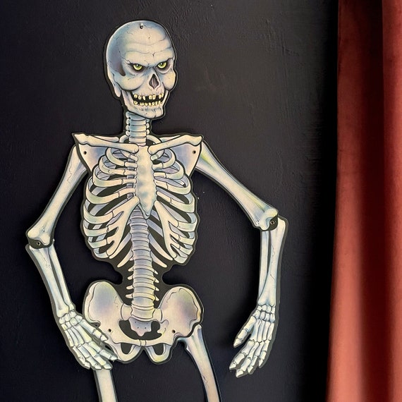 Vintage Beistle Skeleton Die Cut Jointed Arms Legs 3 Foot Tall Skeleton Hinged Printed Double Sided Halloween Decoration Spooky Front Door