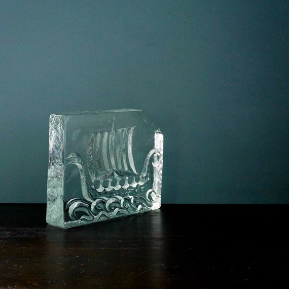 Vintage Viking Ship Glass Block Iceberg Large Clear Paperweight Langskip Art Glass Possibly Uno Westerberg Pukeberg Glasbruk Nybro Sweden