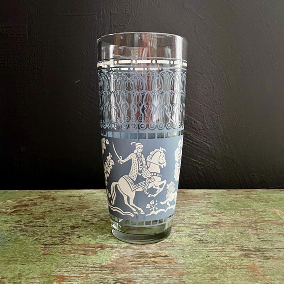 Vintage Hazel Atlas Glass Large Tumbler Arabian Nights Wedgewood Look Blue and White Scenes 1950s Cocktail Shaker Base Useful as Vase NO TOP