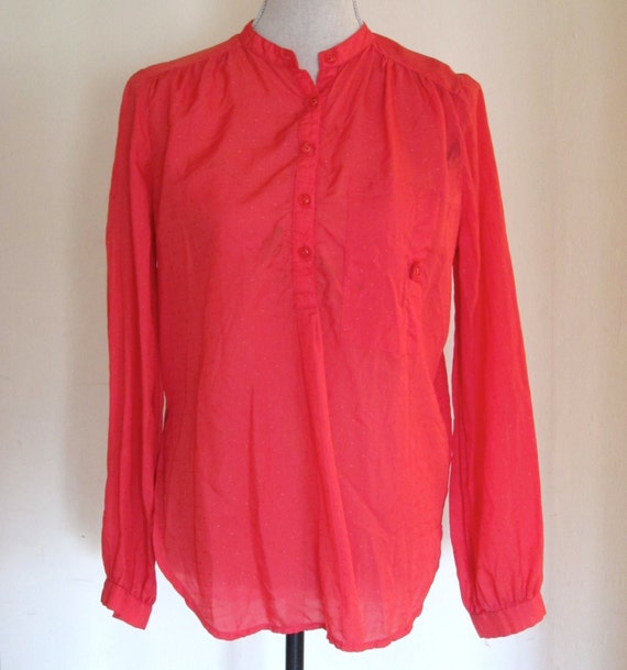 Vintage Blouse Coral 1970s Peasant Top Womens Small