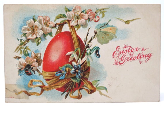 Antique Easter Postcard German 1900s Pink Egg Butterflies Birds Spring