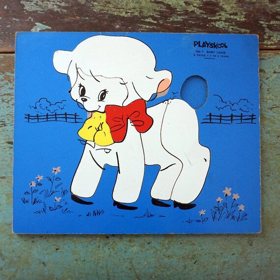 Vintage Wood Puzzle 60s Playskool Lamb Illustration Puzzle Blue Background Nursery Rhymes Mary Had a Little Lamb Board Puzzle Missing Pieces