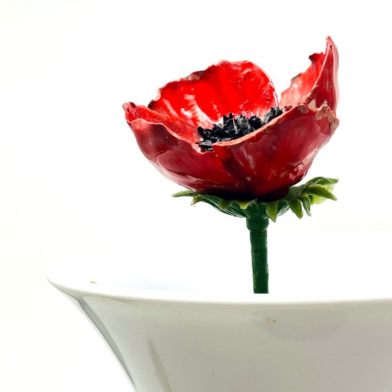 Vintage Red Poppy Flower Porcelain Petals Flower Bone China Plastic Stem Green Faux Floral Hand Painted Sanford England Remembrance Veterens