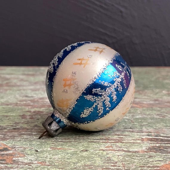 Vintage Ornament Small Mercury Glass Ball Blue and Pearly White Ornament with Silver Mica Glitter Gold Hand Painted Accents Made In Poland