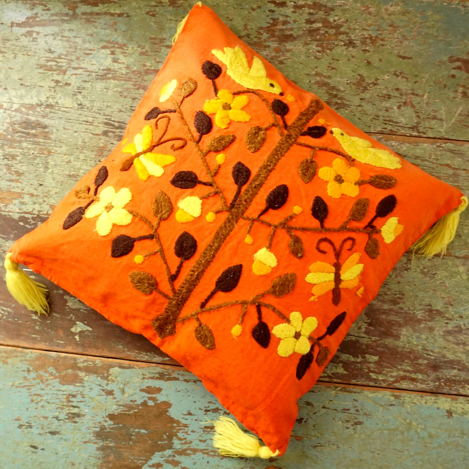 Vintage Toss Pillow Orange Tree of Life Bird Butterflies Etsy