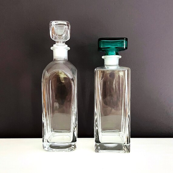 Vintage Crystal Decanters Clear Glass Square Bottles Bormioli Luigi Monet Decanter Teal Green Glass Stopper & Modernist Cube Glass Stopper