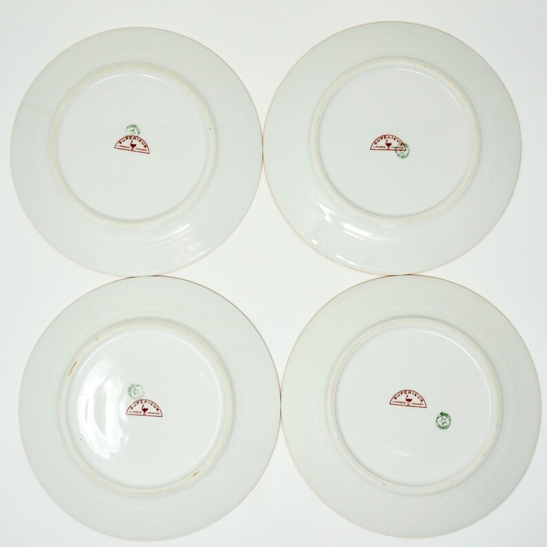 Antique Limoges France Superieur Plates Set of 4 Rare 1910s Arts and Crafts Motif Green Yellow Daisy on White Porcelain Dessert Plates