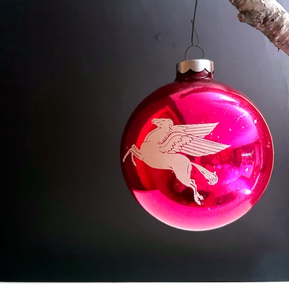 Vintage Mobil Gas Ornament Very Rare Pegasus Glass Ball Magenta Foiled w/ White Flying Horse Logo Mobil Gasoline Collectible Large Tree Bulb