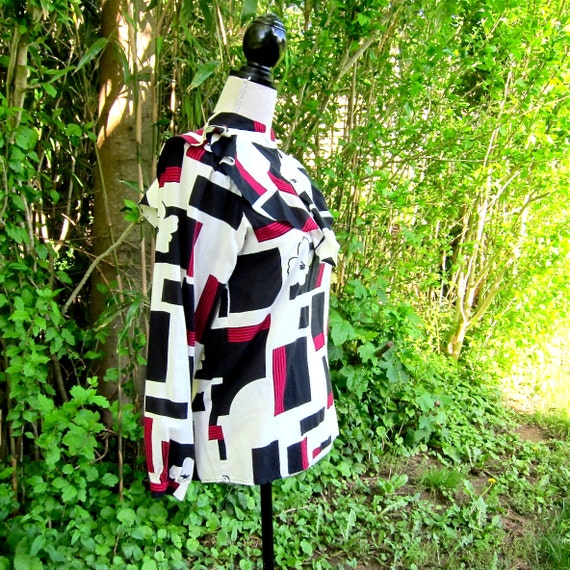 Vintage 1980s Blouse Red Black White Geometric Print 80s