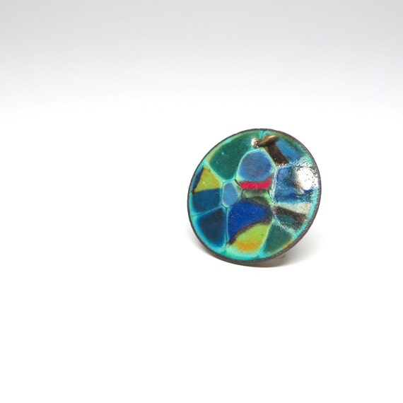 Vintage Pendant Colorful Enameled Round Copper Disc