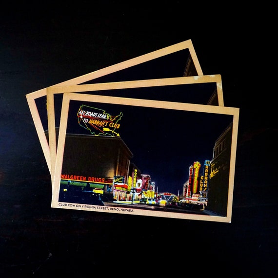 Vintage Postcard Reno Nevada Club Row Virginia Street at Night Neon Lights Harrahs Photograph 1940s Unused Post Card Colourpicture Americana
