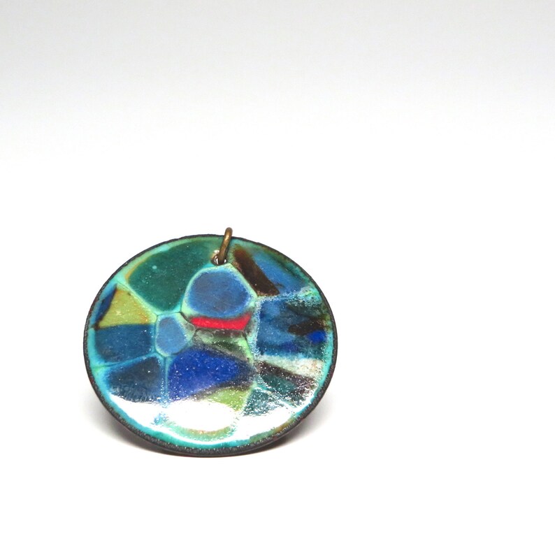 Vintage Pendant Colorful Enameled Round Copper Disc image 3