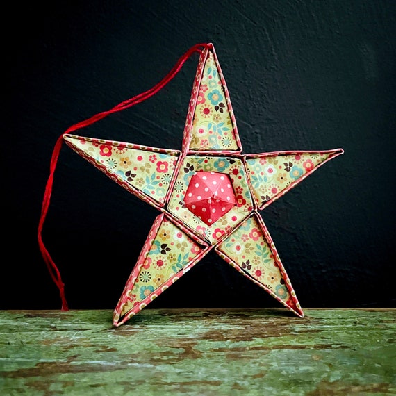 Vintage Paper Star Ornament Handcrafted Folded Paper 5 Point Star 3 Dimensional Tiny Daisy Floral and Polka Dot Paper Craft Fun Multicolor