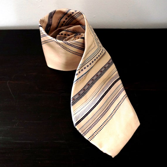 Vintage Silk Tie Beige Blue Black Dash Stripe Asymmetric Pattern Necktie Wide 1970s Tie John Weitz By Burma Menswear New Old Stock Tag On