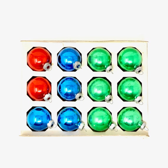 Vintage Ornaments Blue Red Green Balls Glass 1960s Made In USA Silvered Small Ball Ornaments Dozen Fantasia Brand Box 1950s Packaging Balls