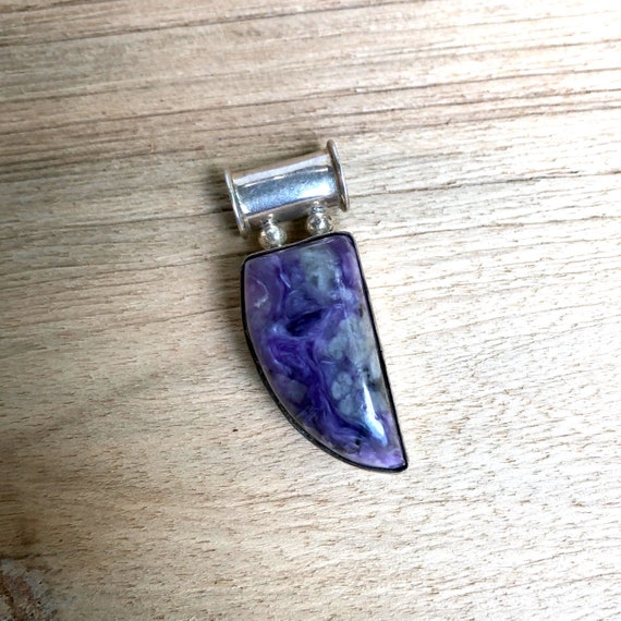 Vintage purple stone pendant charoite silver set triangular necklace ultra violet grey veining semi-precious gemstone jewelry transformation