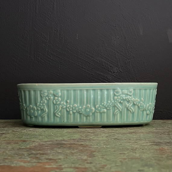 Vintage Planter Aqua Blue Glazed Pottery Plant Pot Oval Floral Bows Ribbed Pale Blue Oblong Dish USA Made 40s-50s Ceramic American HAS FLAWS
