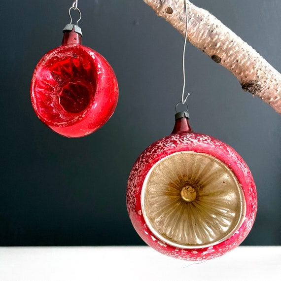 Vintage Ornaments Glass Indent Balls Red Silvered Bulbs Pair Small & Large Ball White Snow Hand Painted Golden Indent Red Very Old Ornaments