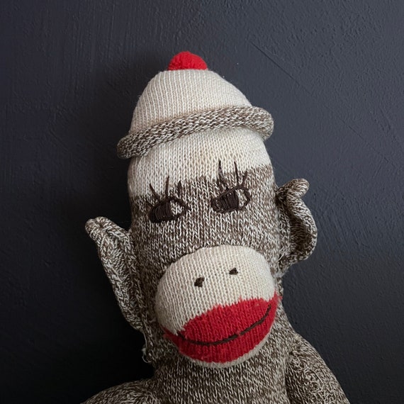 Vintage Sock Monkey Large Big Eyed Handmade Monkey Hand Stitched Wistful Eyes Eyelashes Pom Pom Buttons & Hat Classic Sock Friend Rare Find