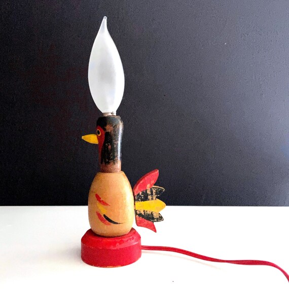 Vintage Turkey Lamp Wood Handmade Bird Light Candelabra Bulb OOAK Kitsch Night Light Hand Painted Red Black Yellow