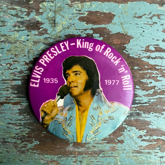 Vintage Elvis Pin King of Rock and Roll 1935 - 1977 Purple Pin Back Photo of Elvis Presley Badge 3" 1970s The King Memorabilia
